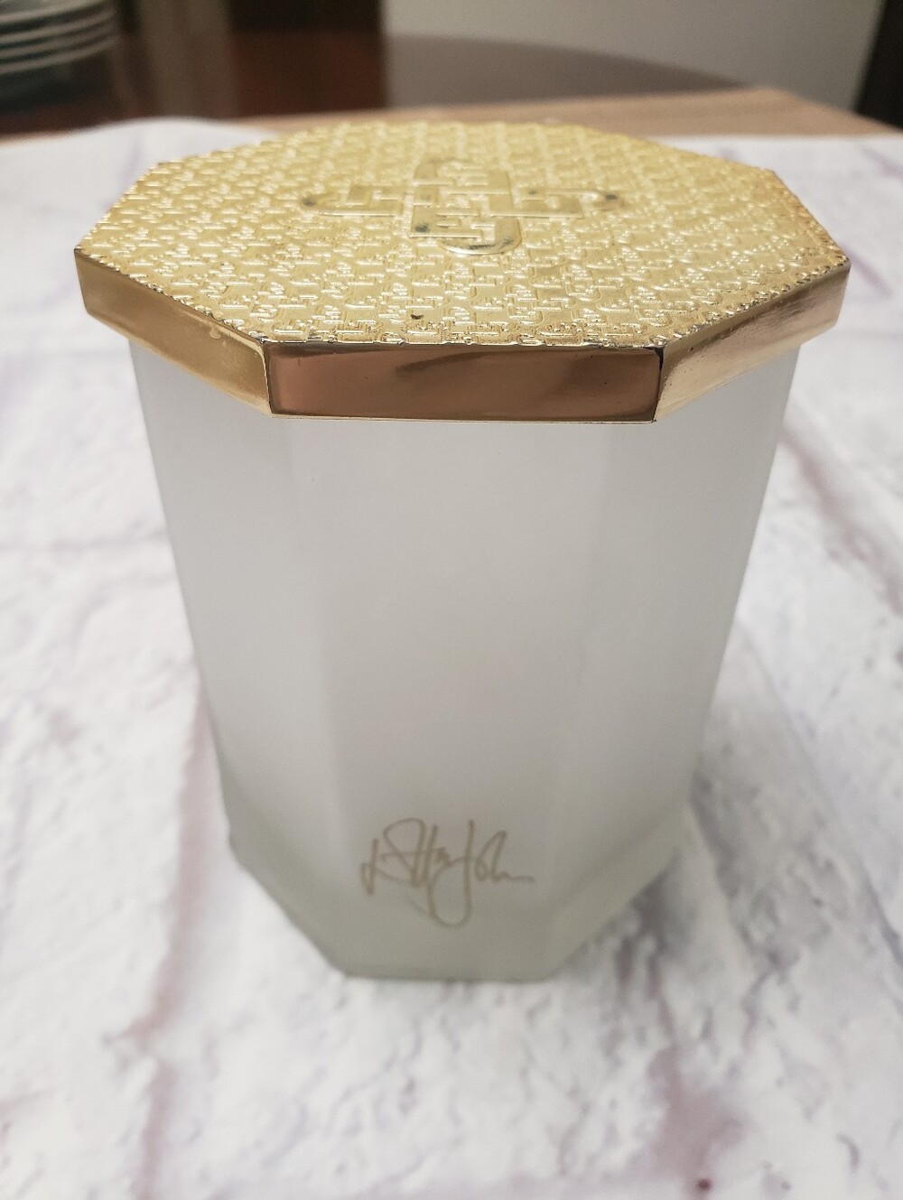 Elton John & Slatkin EMPTY Octagon Satin Glass Candle Holder Jar Gold Lid
